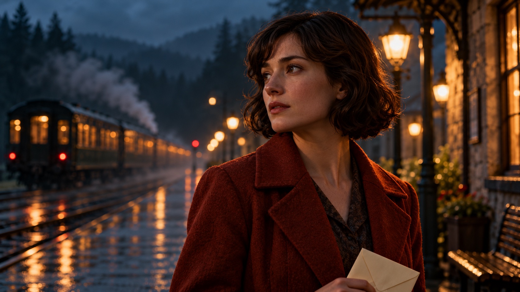 Ella, the fictional lead character, in her rust-red jacket.
