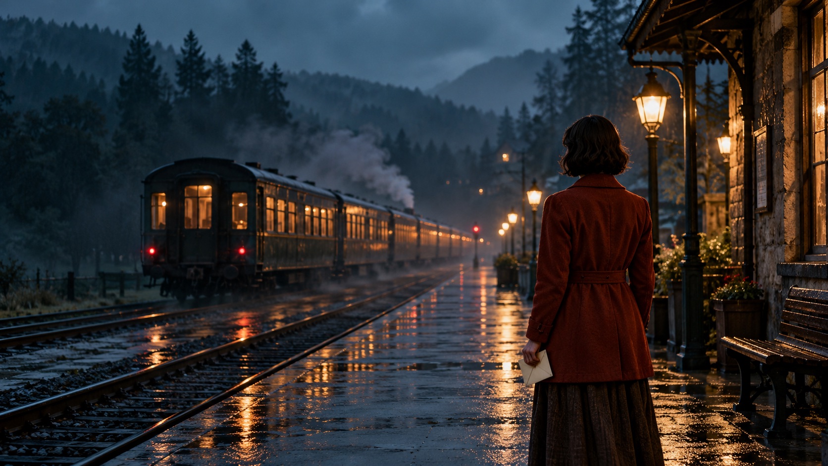 The fictional railway platform at dusk.